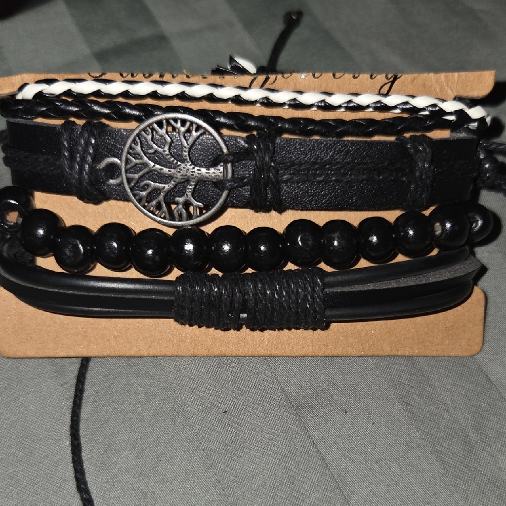 Black Leather Tree of Life Bracelet Set of 4